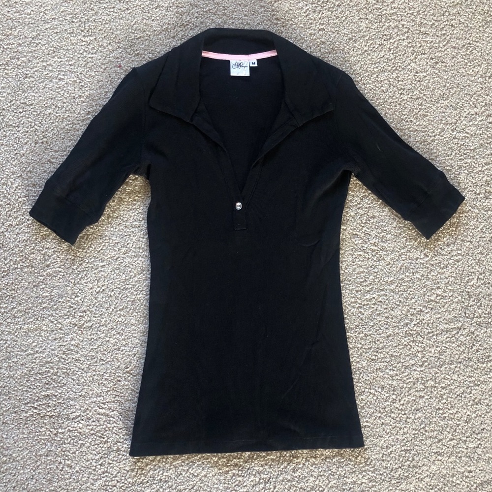 Meringue Black Ribbed 3/4 Sleeve V Neck Polo Top M Collared Fitted Knit Fall